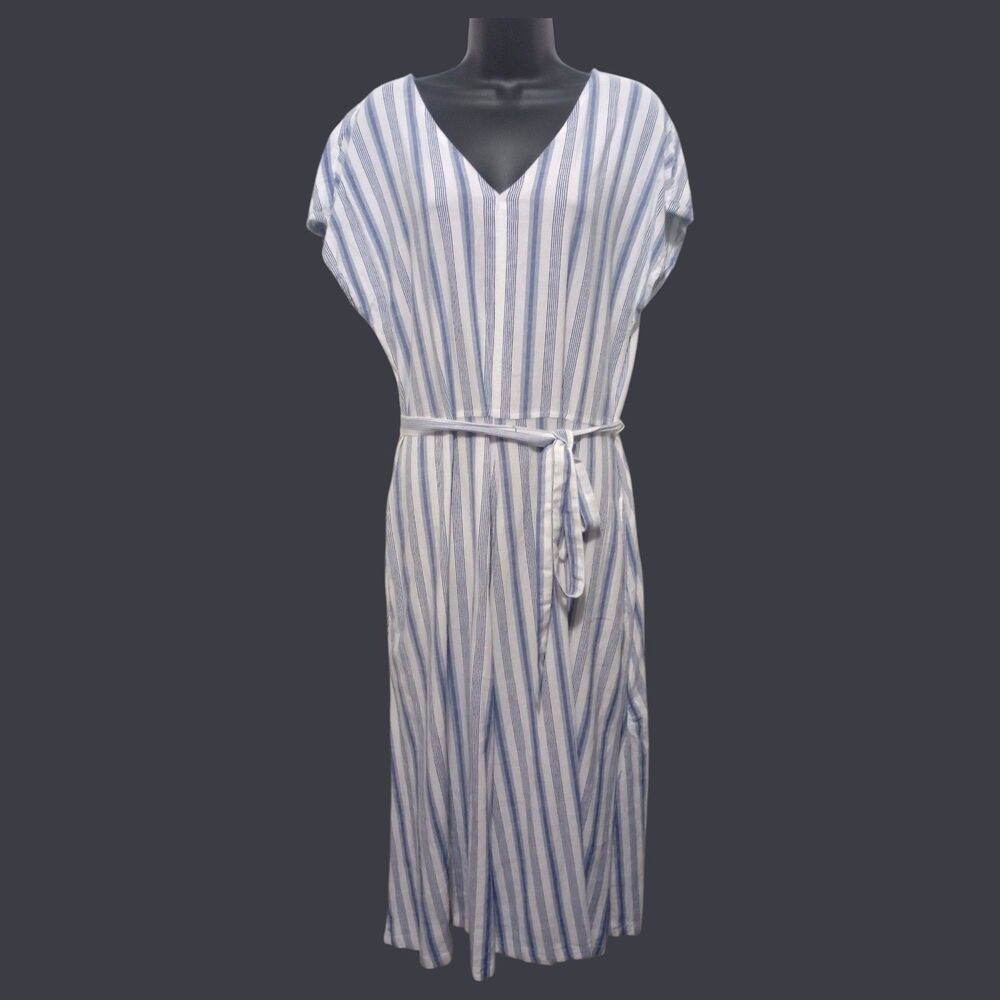 Croft & Barrow Fit & Flare Maxi Dress V-neck Pockets Belted Blue White Striped L